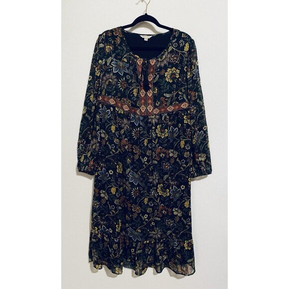 Frye and Co Dress Womens XXL Black Floral Maxi Tassel Tie Neck Boho Peasant - Picture 1 of 6